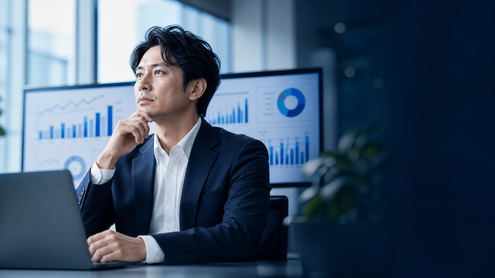 経営ダッシュボードを前に次の一手を考える経営者