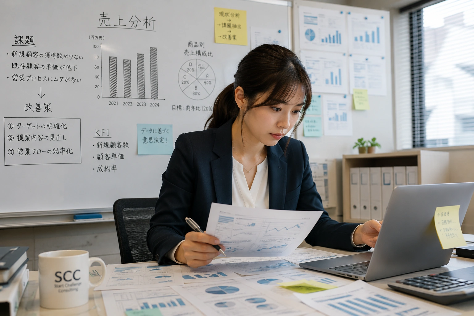 データ分析に取り組む女性コンサルタント
