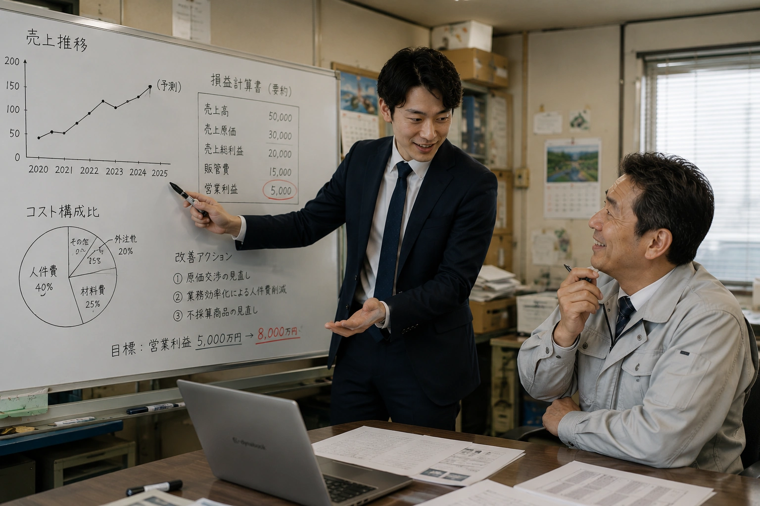ホワイトボードで数字を整理するコンサルタント