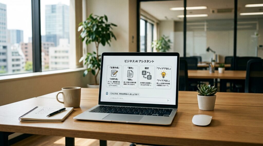 ノートパソコンに表示されたChatGPTを活用したビジネスAIアシスタントの画面