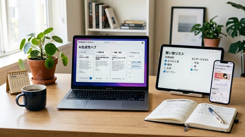 AIを仕事・家事・副業で活用する様子を表したデスク環境