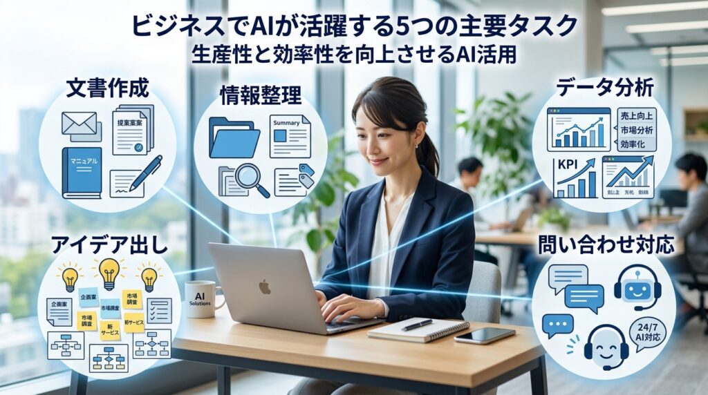 ビジネスでAIが活躍する主要タスクを紹介した業務改善イメージ