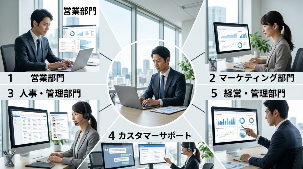営業・マーケティング・人事・カスタマーサポート・経営部門におけるAI活用事例を紹介した画像