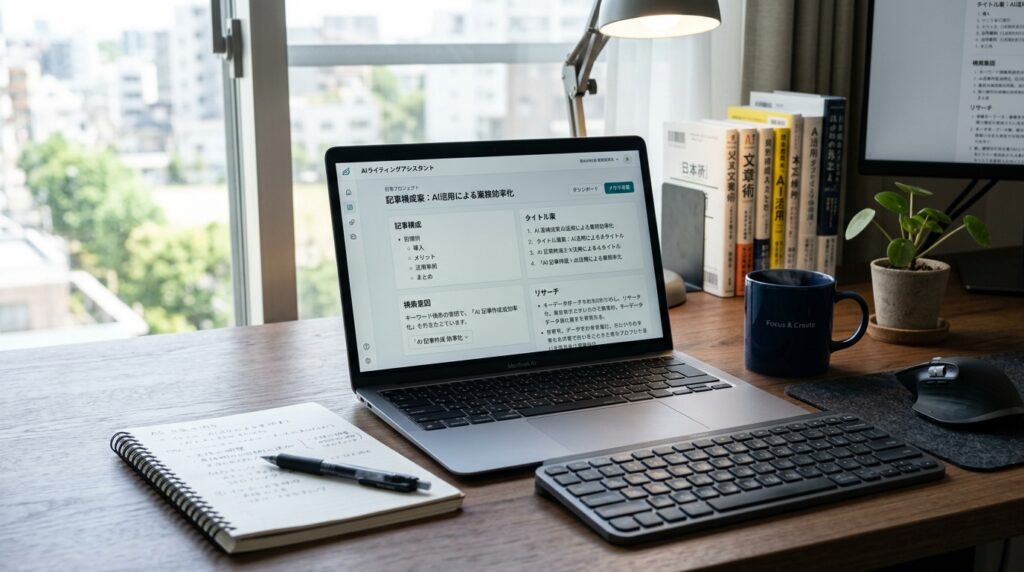 AIを活用して記事作成を効率化するパソコン作業のイメージ