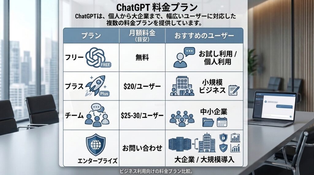 ChatGPTの料金プランをFree、Plus、Team、Enterpriseごとに料金とおすすめユーザーで比較した表