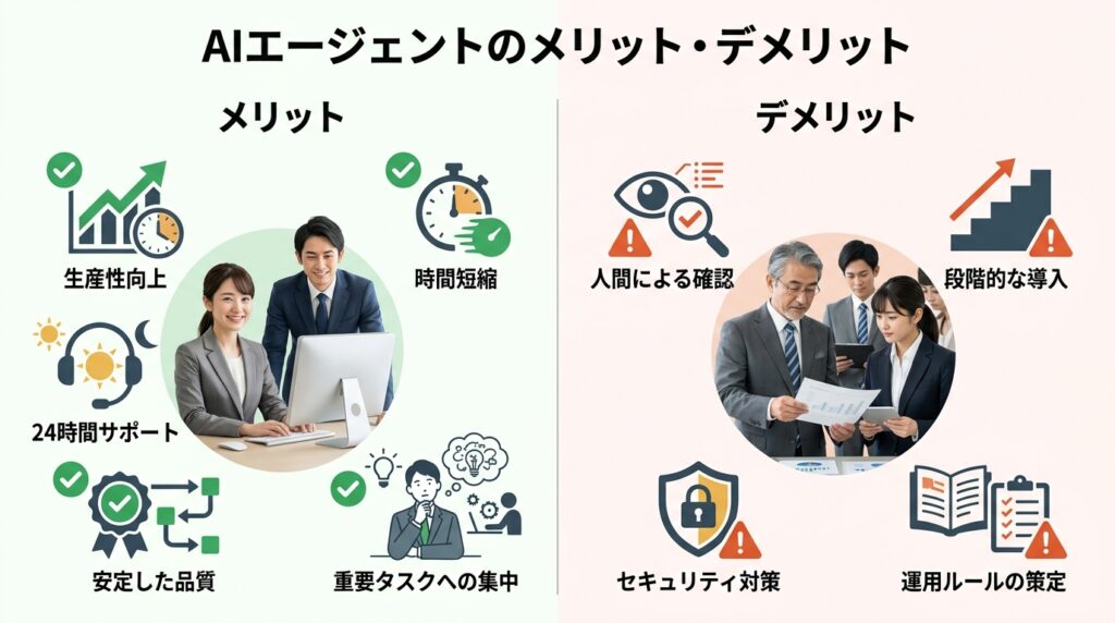 AIエージェントのメリットとデメリットを比較した図。生産性向上や時間短縮と導入時の注意点を解説AIエージェント導入のメリットとデメリットを比較し、導入前に知っておきたいポイントをまとめた図です。