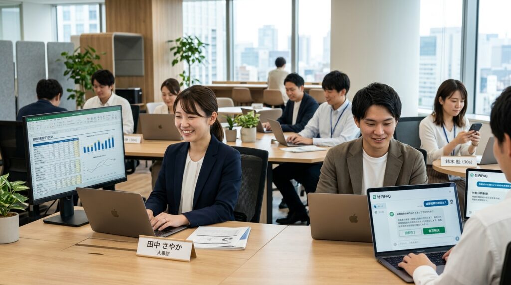 社員がChatGPTを活用した社内FAQで業務の問い合わせや情報検索を行っている様子
