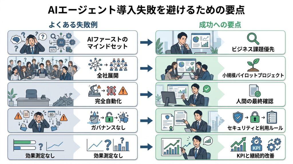 AIエージェント導入で失敗しないためのポイントと成功する導入方法を比較した図