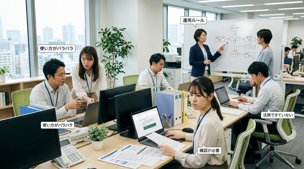 ChatGPT導入後に使い方のばらつきや運用ルール不足により社内で活用が定着していない様子