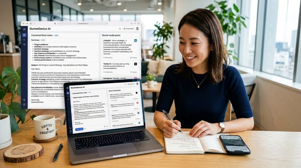AIを活用して仕事を効率化する女性マーケターのイメージ