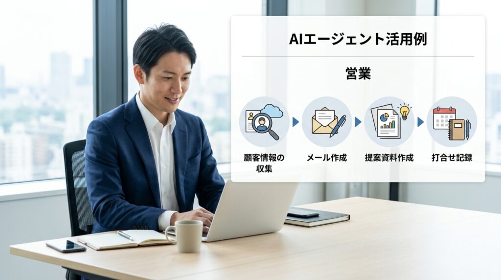 AIエージェントを営業活動で活用し、顧客情報の収集から提案、フォローアップまでを支援するイメージ