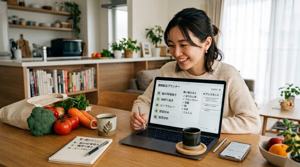 AIを活用して献立作成や買い物リストを作成する女性のイメージ