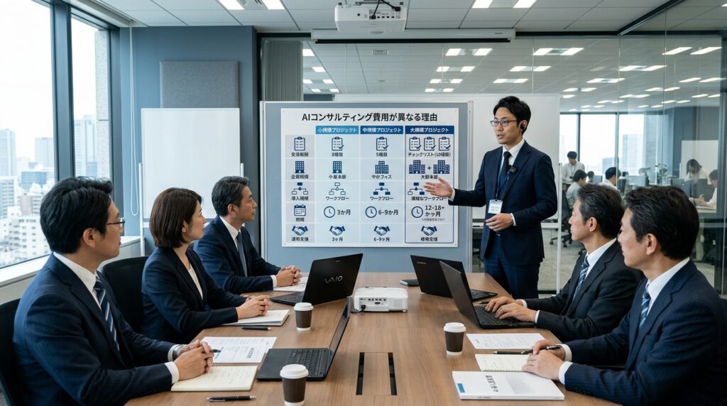 AIコンサルティング会社ごとの費用の違いや料金が変わる理由を説明している会議の様子