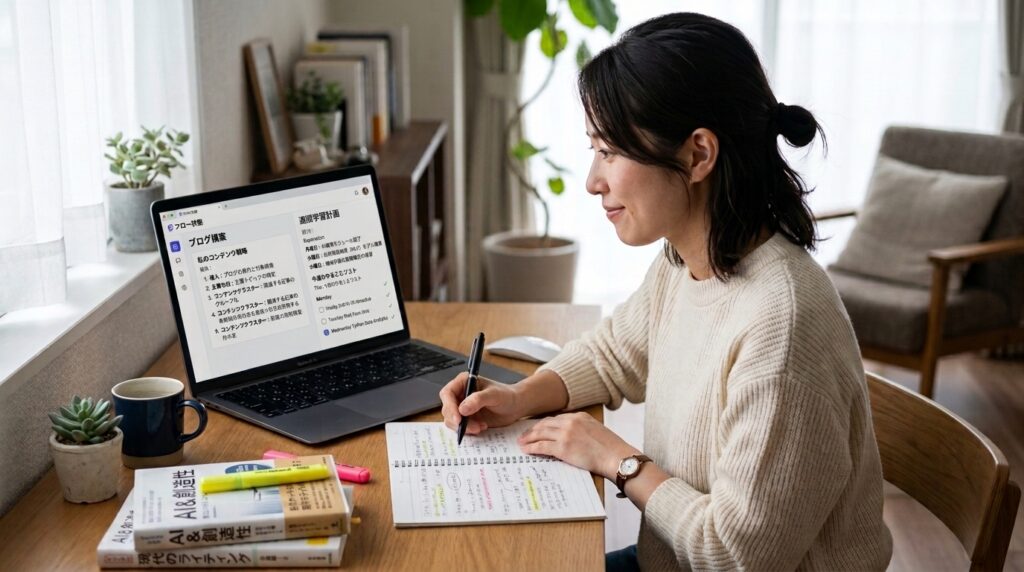 AIを活用してブログ作成や学習を効率化する女性のイメージ
