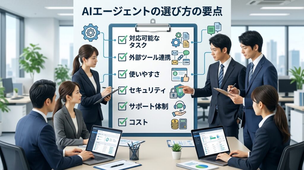 AIエージェントの選び方をチェックリスト形式で解説した図。対応可能なタスクやセキュリティなど選定ポイントを紹介