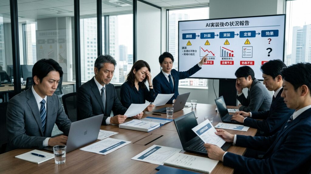 AIコンサル導入後に定着不足や効果不足などの課題について会議で原因を分析している様子