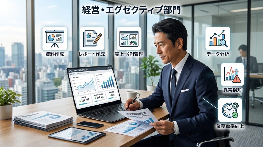 AIを活用して経営・エグゼクティブ部門のデータ分析やKPI管理を効率化するイメージ