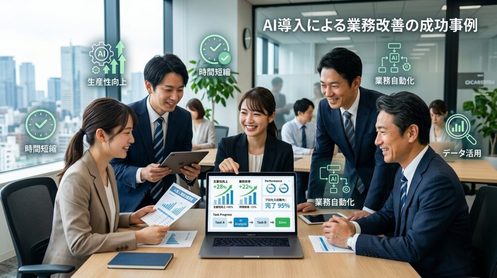 AI導入による業務改善の成功事例を紹介する企業チームのイメージ