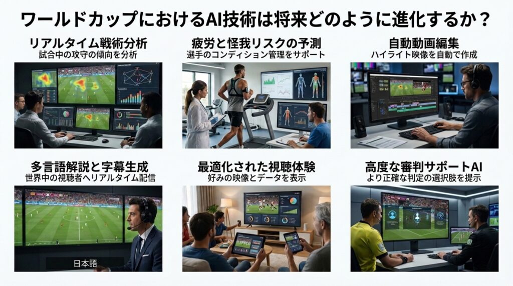 ワールドカップで今後進化が期待されるAI技術と試合分析・判定支援の活用イメージ