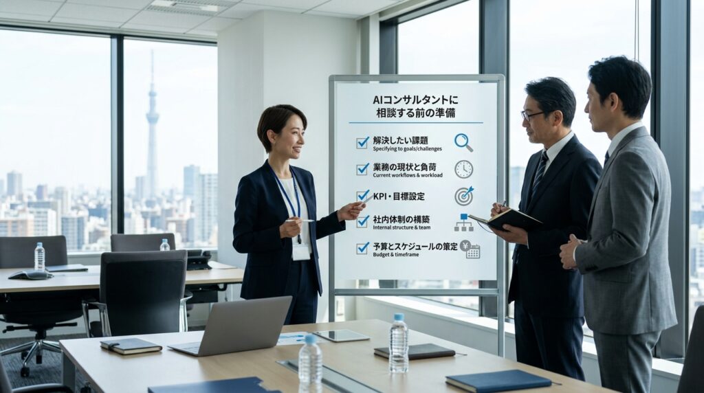 AIコンサルタントへ相談する前に準備すべき課題や目標、KPIを確認している様子