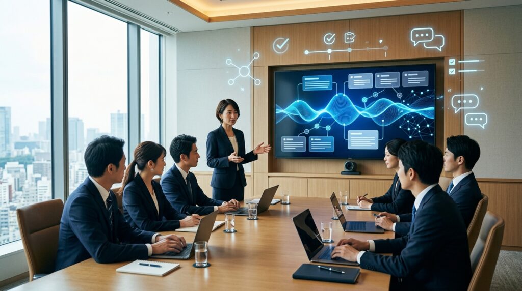 OpenAIの音声会話機能が会議の要約や論点整理を支援する様子を表したイメージ