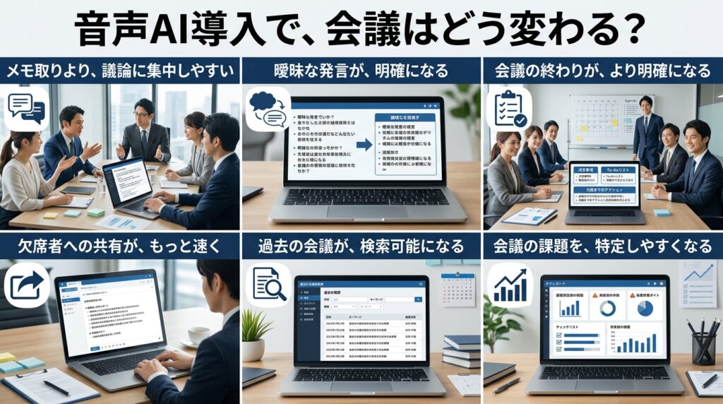音声AIを導入したことで会議の効率化や情報共有、議論整理、過去会議の検索などが可能になったことを示すイメージ