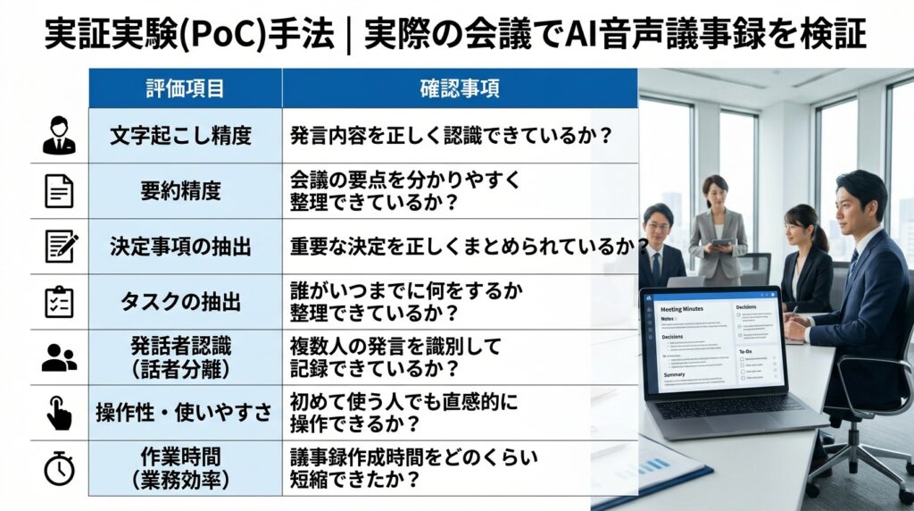 AI音声議事録のPoCで文字起こし精度や要約精度、タスク抽出などの評価項目を検証しているイメージ