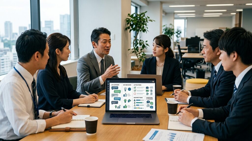 音声AIが会議内容をリアルタイムで要約し、決定事項やタスクを整理しているビジネス会議の様子