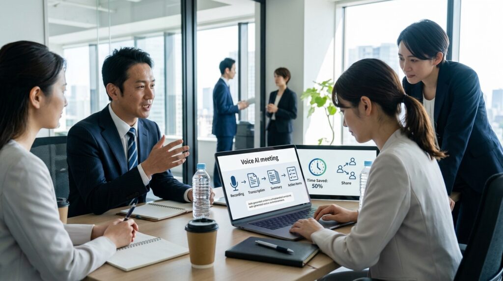 音声AIを活用して会議内容の要約や情報共有を効率化する企業のビジネス会議