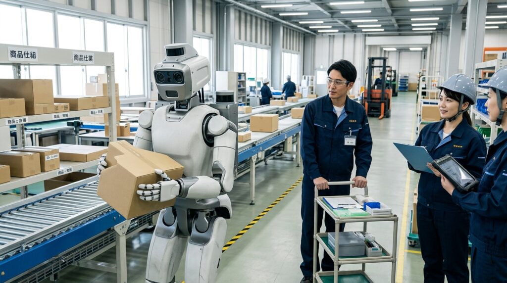 工場でヒューマノイドロボットが自律的に荷物を運び、人と協働しながら作業するフィジカルAIの将来イメージ