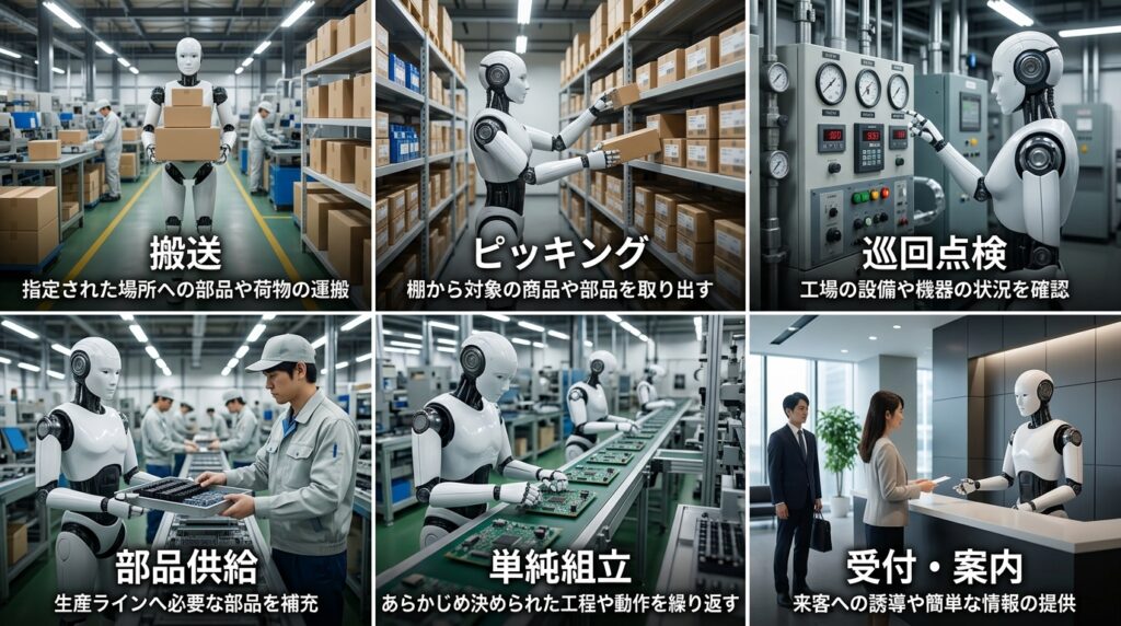 ヒューマノイドロボットが搬送、ピッキング、巡回点検、部品供給、単純組立、受付案内を行う活用例