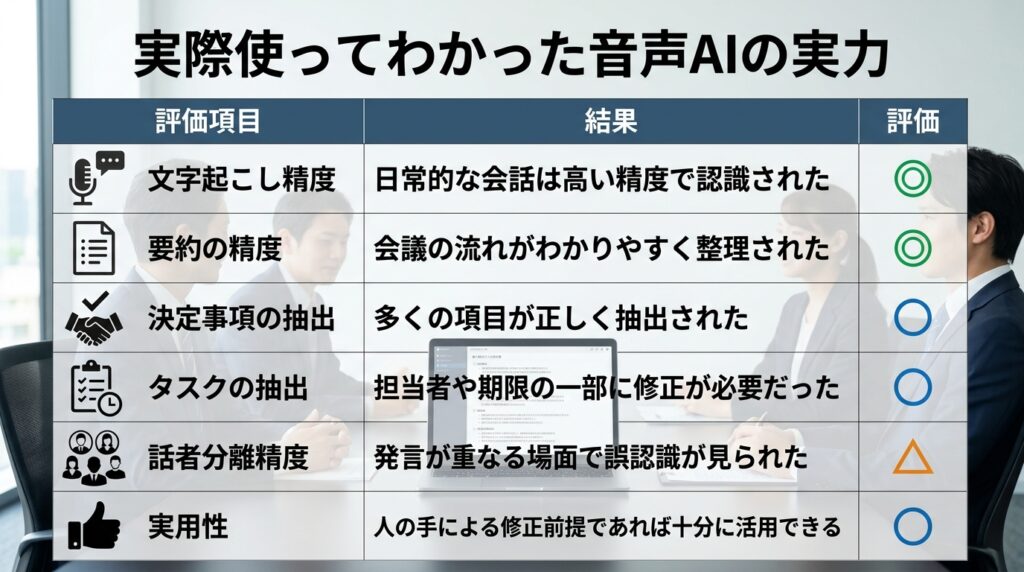 音声AIを実際の会議で利用した結果をまとめた評価表。文字起こし精度や要約精度、決定事項・タスク抽出、話者分離精度、実用性を比較したイメージ