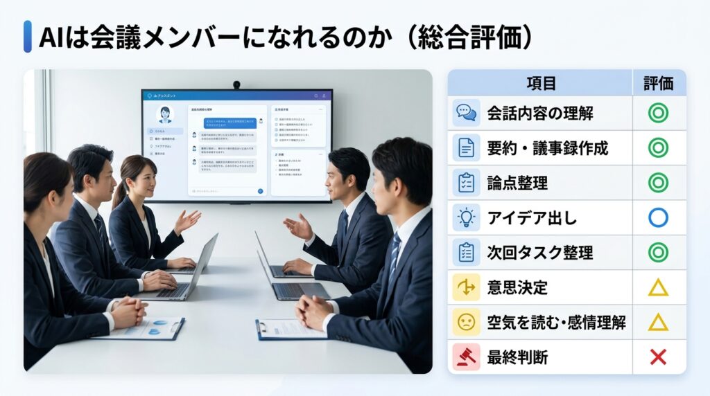 AIは会議メンバーになれるのかを総合評価したインフォグラフィック