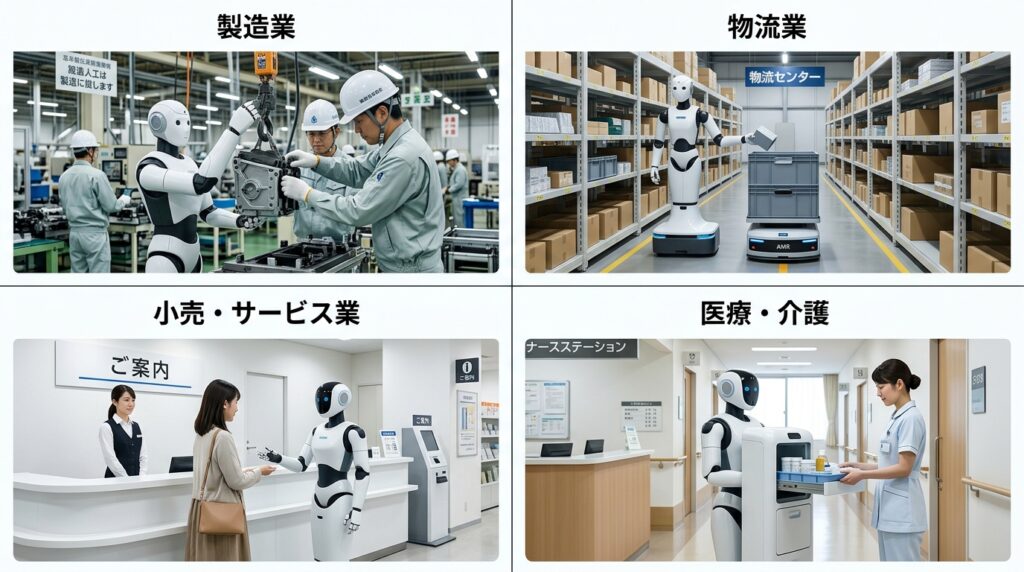 製造業、物流業、小売・サービス業、医療・介護でフィジカルAIが活用されている導入事例