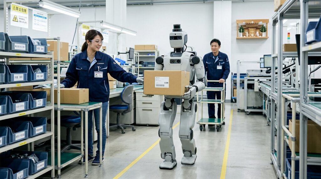 工場でヒューマノイドロボットが従業員と協働し、荷物を運搬するフィジカルAIの活用イメージ