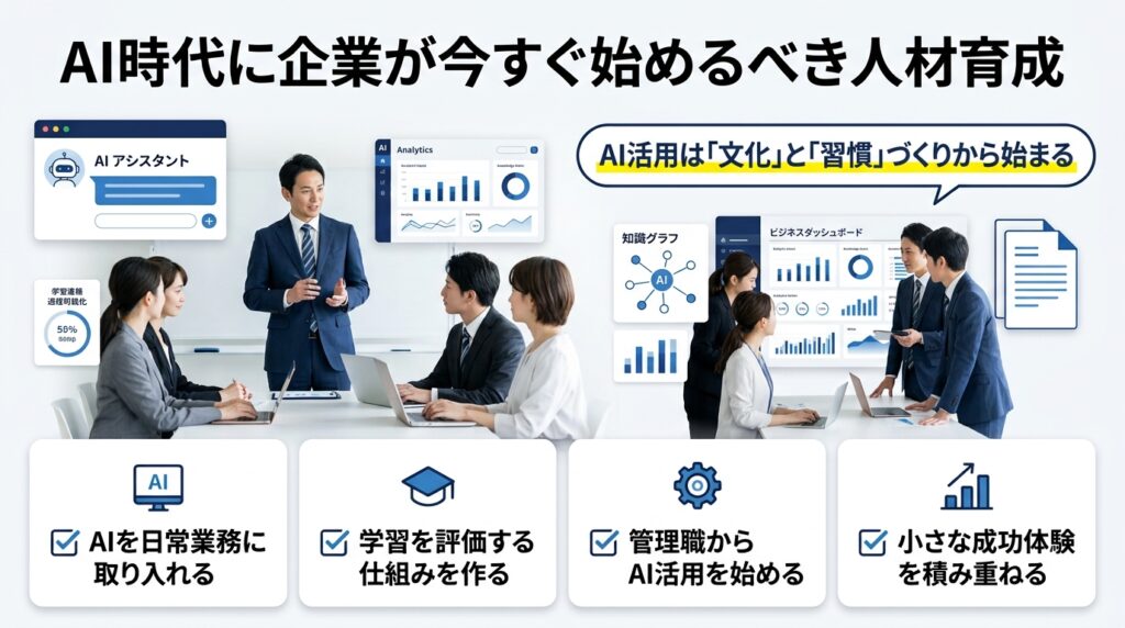 AI時代に企業が今すぐ始めるべき人材育成のポイントを解説した図解