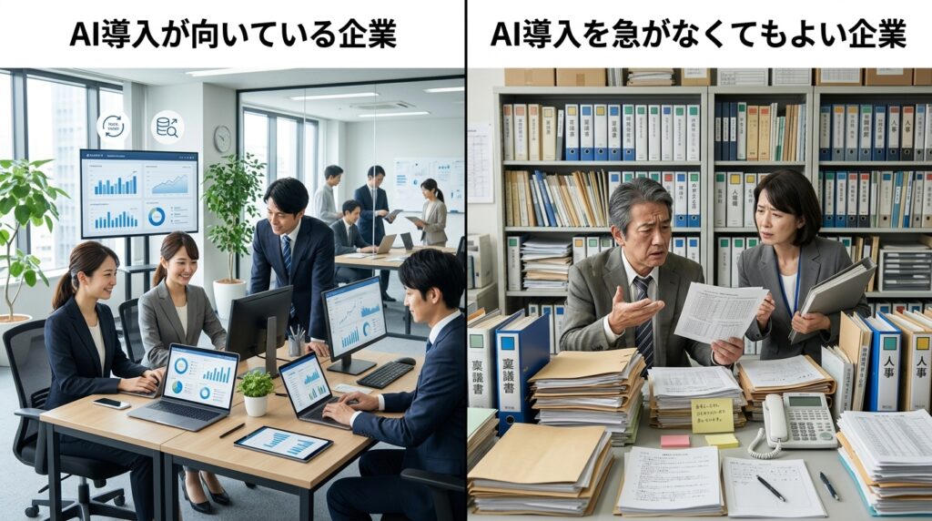 AI導入に向いている企業と急がなくてもよい企業の特徴を比較したイメージ