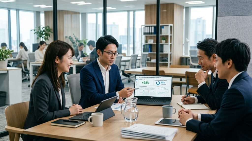 AI業務改善の打ち合わせを行う日本企業のビジネスチーム