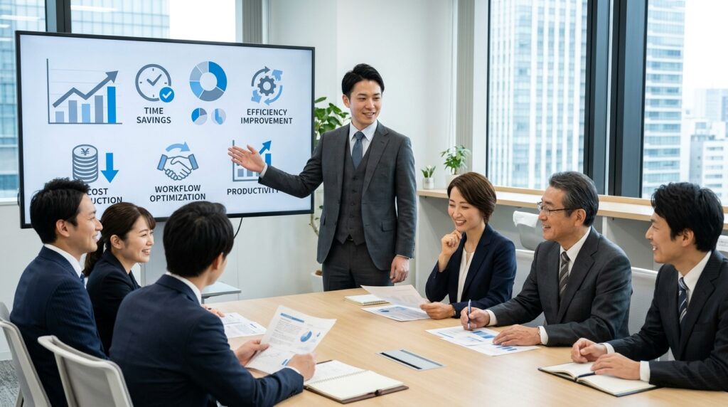 AIコンサルティングの導入により業務改善や生産性向上の成果を共有している会議の様子