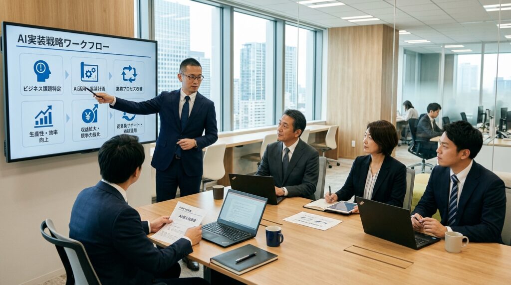 AIコンサルタントが企業のAI導入戦略を会議で提案している様子