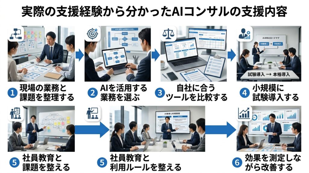 AIコンサルが企業課題を分析し導入支援を行う様子