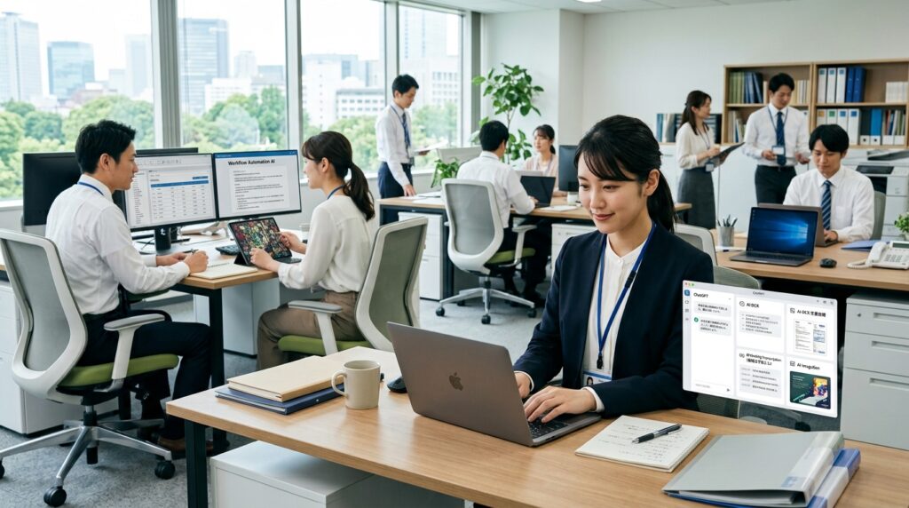AIコンサルティングの支援を受けて社員がAIツールを活用し、業務改善を進めているオフィスの様子