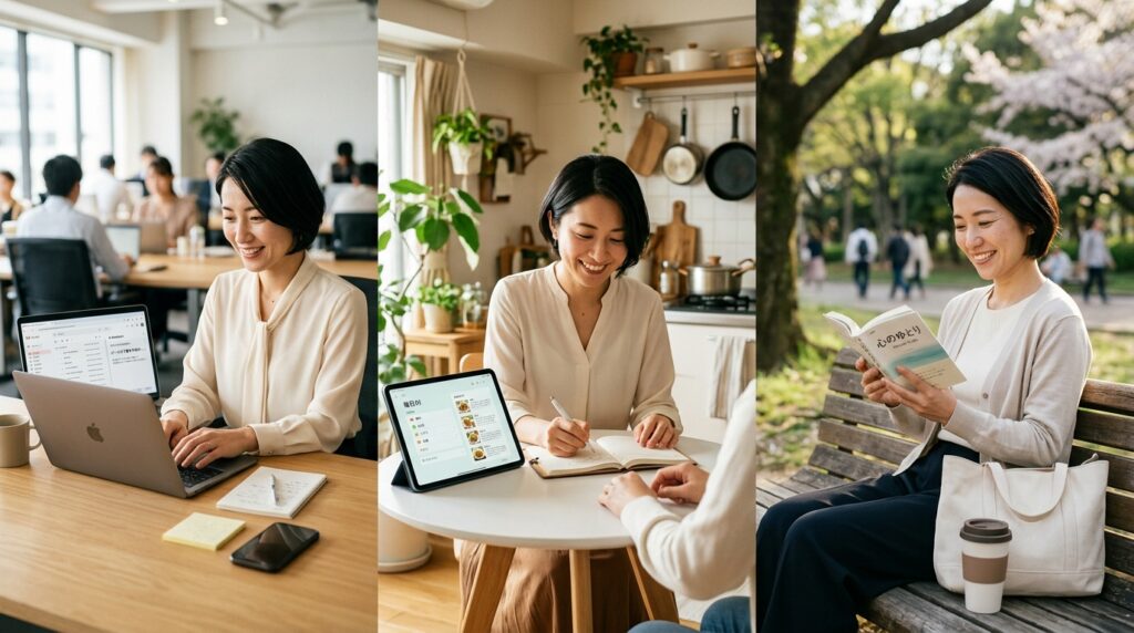 AIを活用して仕事・家事・自分時間を充実させる女性のイメージ