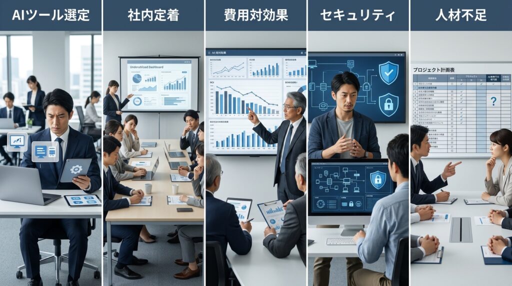 企業がAI導入で直面しやすいAIツール選定や社内定着、費用対効果、セキュリティ、人材不足の課題