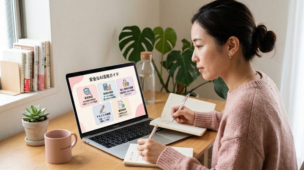 AIを安全に活用するための注意点を確認する女性のイメージ