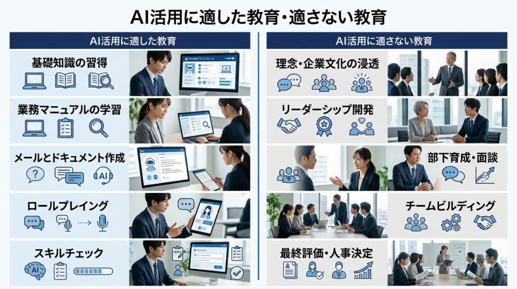 AIが得意な教育と不得意な教育を比較するイメージ