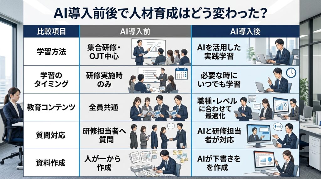 AI導入前後の人材育成を比較するイメージ