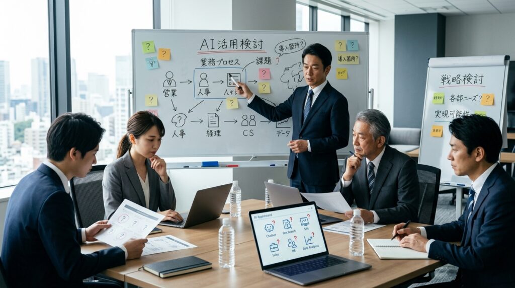 企業担当者がAIコンサルタントとAI導入に向けた課題整理や活用方法を検討している会議の様子
