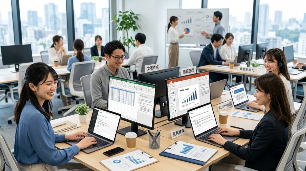社員がChatGPTを活用した社内FAQで業務の問い合わせや情報検索を行っている様子