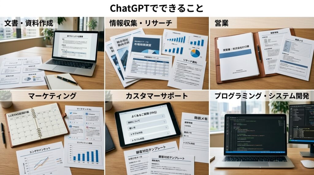 ChatGPTでできることを文書作成、情報収集、営業、マーケティング、カスタマーサポート、プログラミングの6つの業務で紹介した図